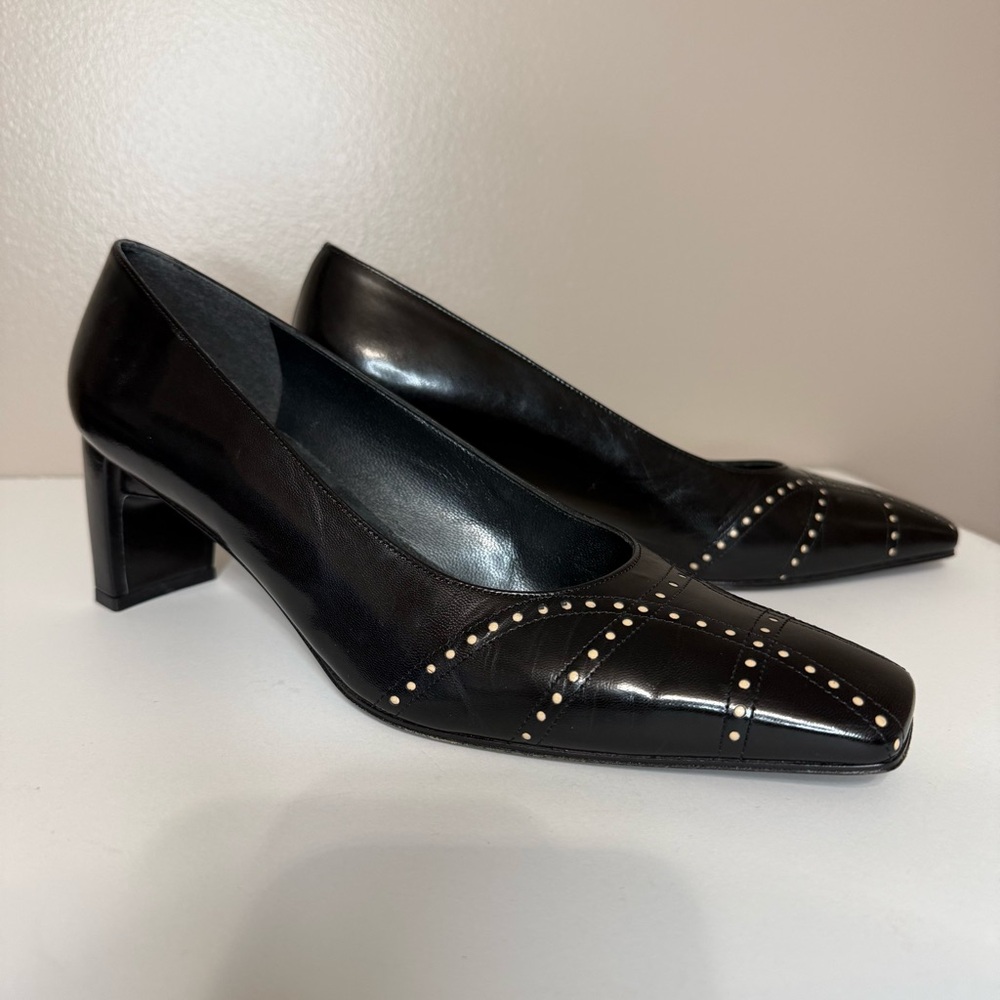 Vintage‎ Stuart Weitzman Black Leather Pumps Wide Heel Tan Dots Women’s Size 8B